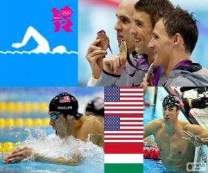 Puzzle Ανδρικά παντελόνια 200 μέτρο επιμέρους medley, Michael Phelps, Ryan Lochte (Ηνωμένες Πολιτείες) και László Cseh (Ουγγαρία) - London 2012-